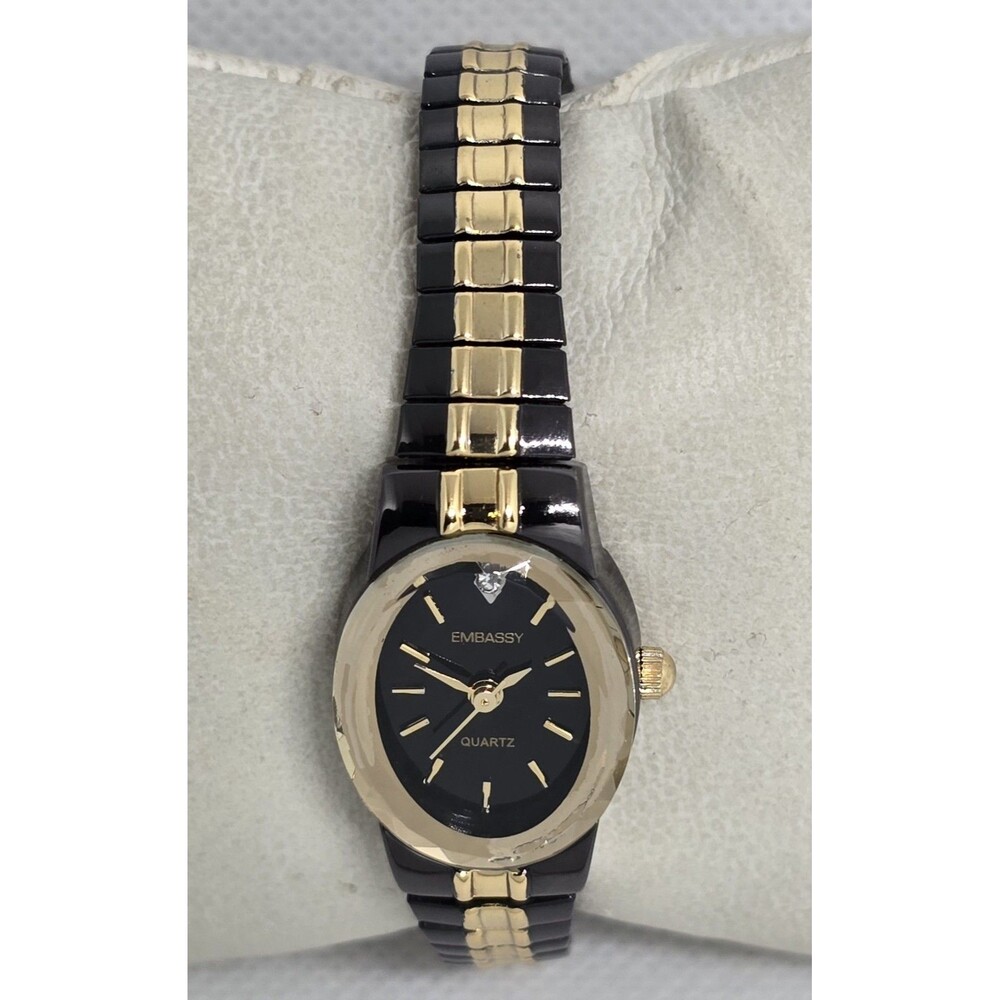 Woman's Embassy Elegant Petite Oval Black Gold Two Tone Expansion Watch 10 - Picture 4 of 8